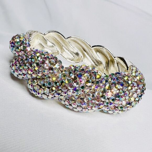 Vintage Aurora Borealis AB Rhinestone Pave Silver Clamper Bracelet Dazzling 4755 - Picture 7 of 14